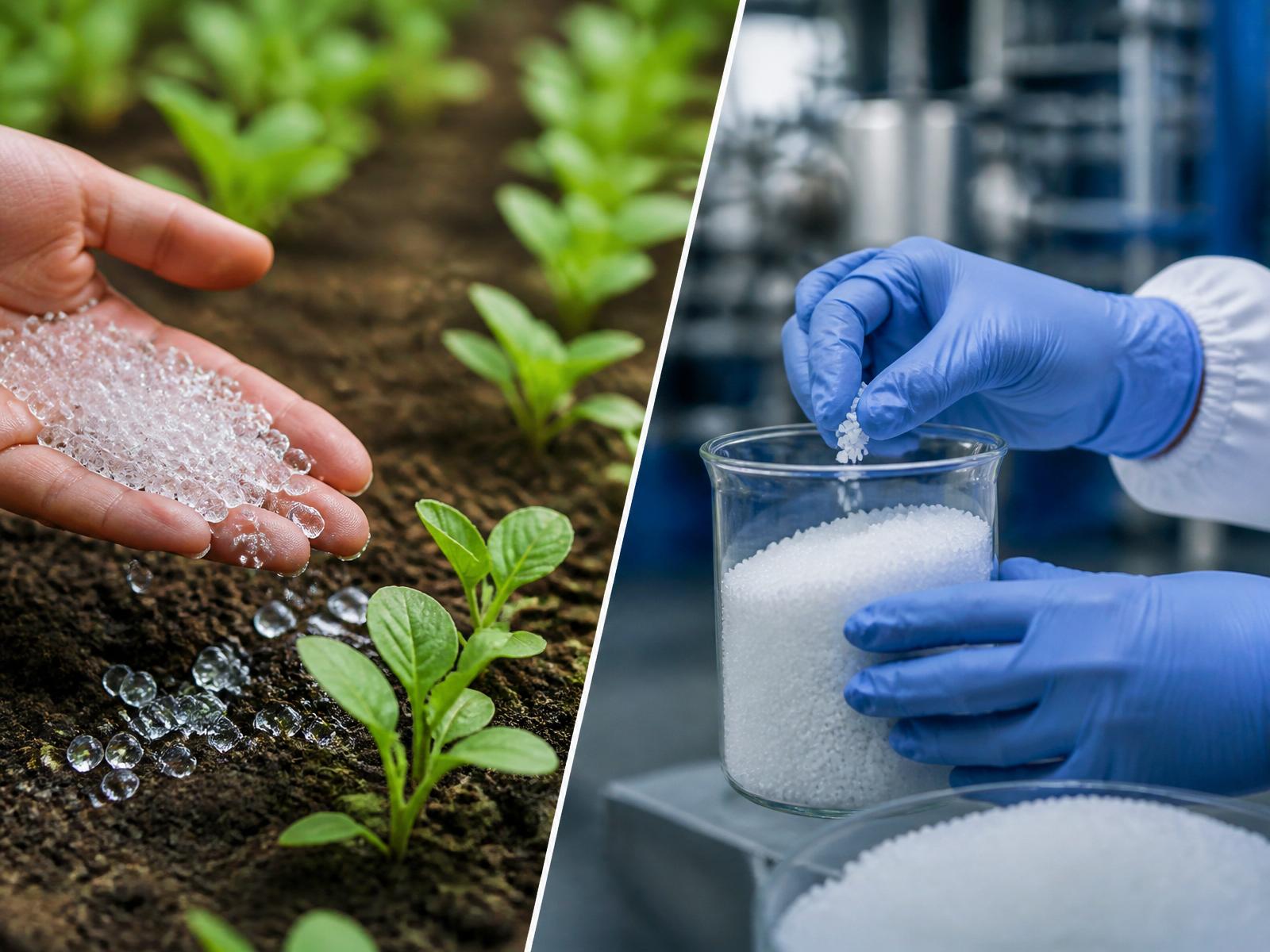 Hydrogell polymer used in agriculture and industry — hand holding hydrogel crystals over seedlings alongside a lab technician measuring polymer granules
